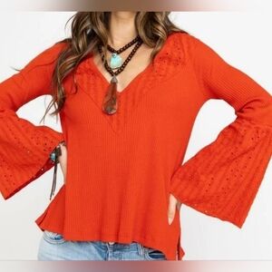 Free People Parisian Red Eyelet Lace V Neck Red Puff Sleeve Women's Top Size S